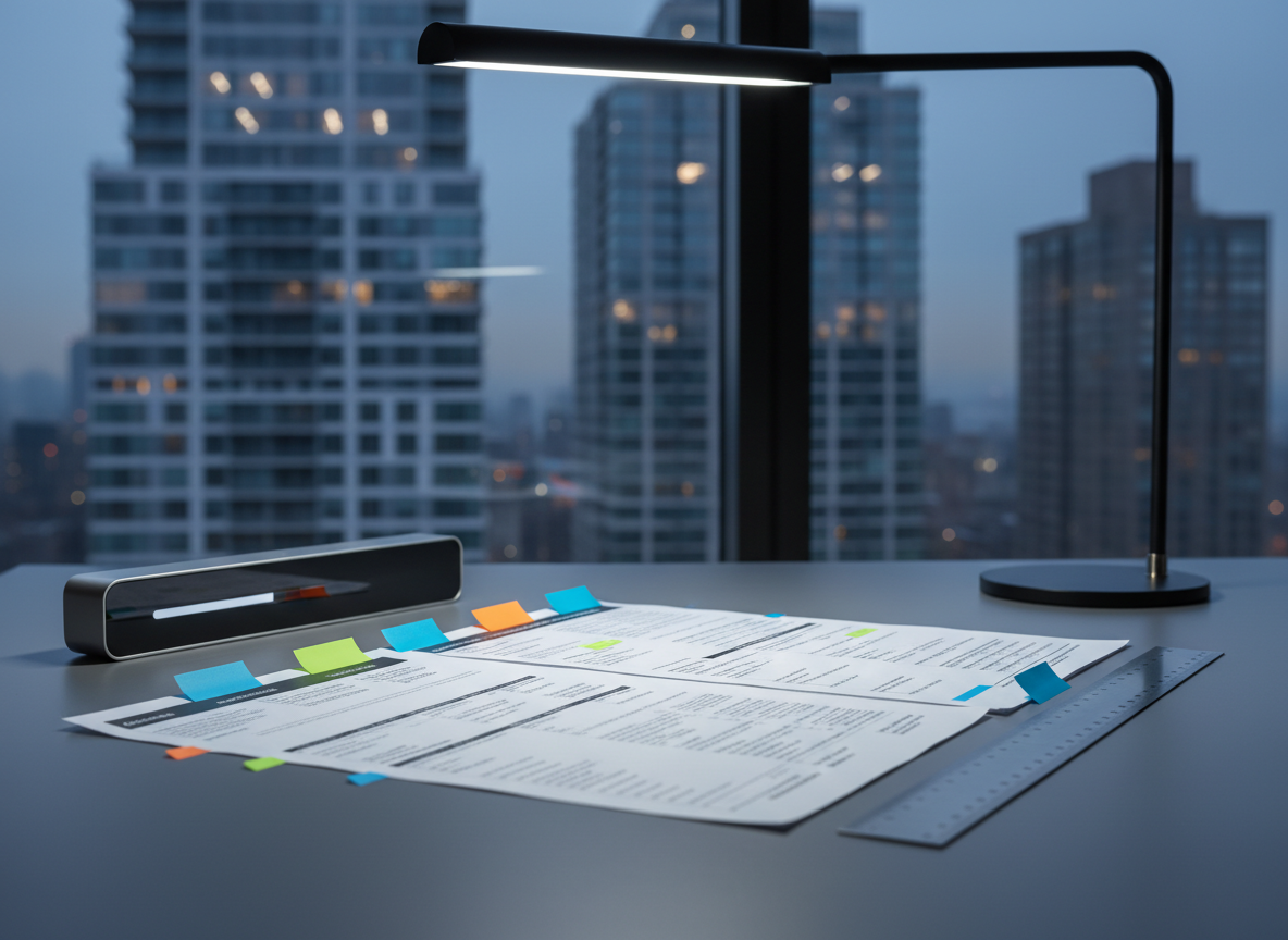 A close-up, photographic image of a detailed co-op board application laid out on a smooth slate-grey desk, every section clearly visible, with color-coded sticky tabs and a precise stainless-steel ruler aligned beside it. Nearby, a slim digital clock displays a simple progress bar instead of numbers, hinting at quick turnaround times without using text. In the background, slightly blurred, a window reveals the geometric pattern of Manhattan condo towers at dusk, their windows softly glowing. Cool, focused task lighting from a modern desk lamp casts crisp, directional light on the paperwork, emphasizing clarity and precision. Captured from a shallow, side-on angle with a narrow depth of field, the scene feels meticulous, time-sensitive, and quietly high-end.
