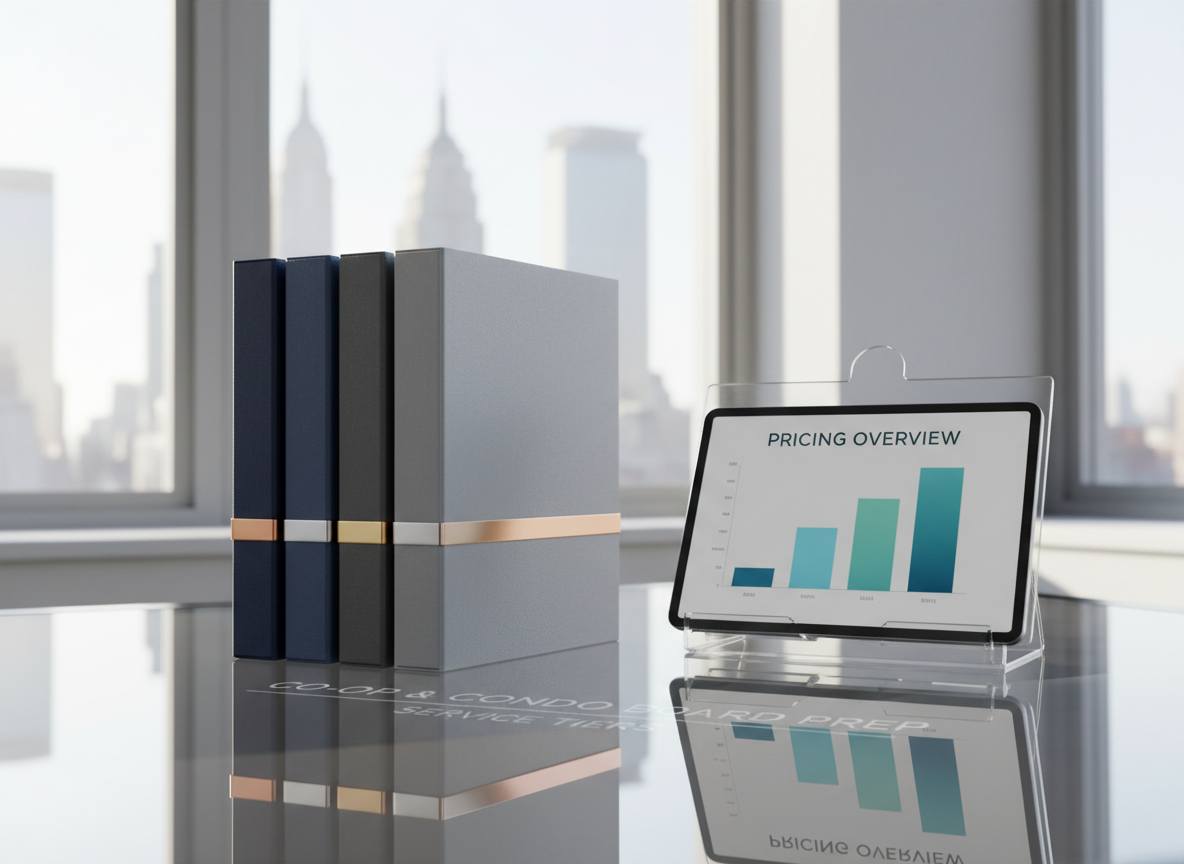 An elegant, modern pricing overview concept on a glass-topped desk in a Manhattan office: three neatly stacked folders in graduated shades of navy, charcoal, and light grey, each with a slim metallic band around the spine to suggest different service tiers. A clear acrylic stand holds a tablet displaying a simple, abstract bar chart with ascending blocks, implying increasing value. Morning light streams through nearby windows, glinting off the glass surface and creating gentle reflections of the city skyline outside. Photographic realism with a balanced, centered composition and medium depth of field ensures all elements remain crisp. The mood is transparent, professional, and approachable, visually communicating clear, structured pricing for co-op and condo board preparation services.