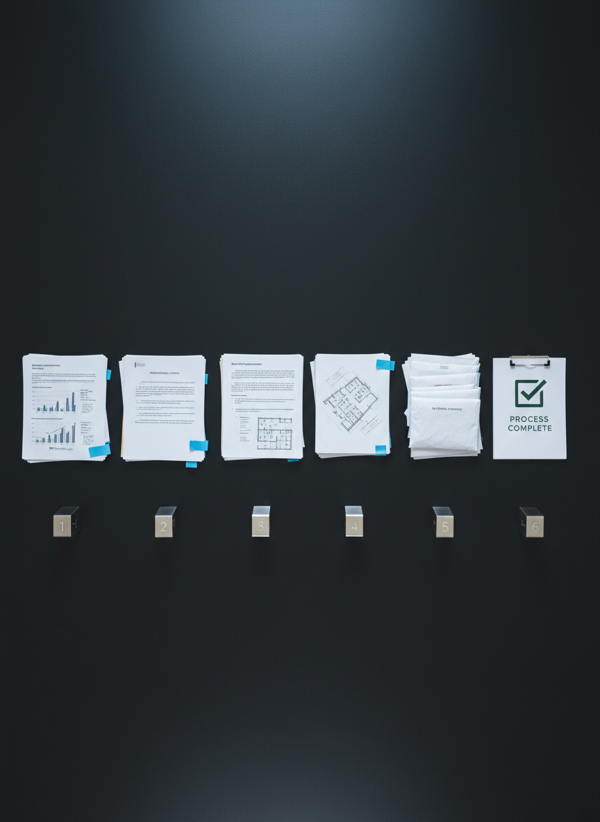 A detailed process overview scene on a long, matte-black work surface, where six small, numbered metal markers (numbers subtly engraved, not dominant) align in a clear path beside sequential stacks of board documents: financial statements, reference letters, building requirements, and final approval packets, each visually distinct. A crisp white notepad with a single checked box icon sits at the end of the line, suggesting completion. Overhead, even, cool-toned office lighting creates soft, shadowed contours that highlight each stage. Shot from a gentle bird’s-eye view in photographic realism, the composition emphasizes linear flow and structure. The atmosphere is methodical and controlled, representing a step-by-step concierge process that guides Manhattan agents through every phase of co-op and condo board preparation.